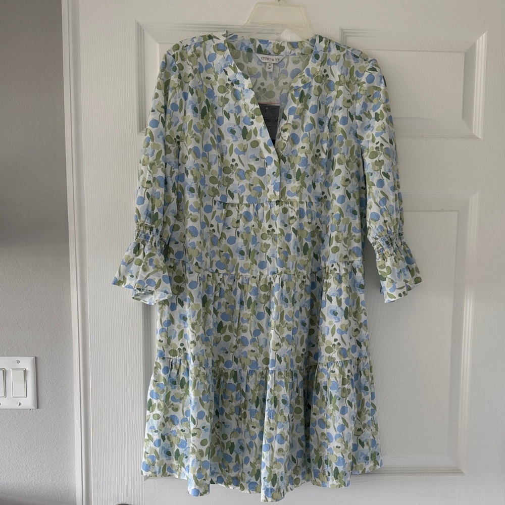 Crown & Ivy Leafy Blue and Green Mini Dress